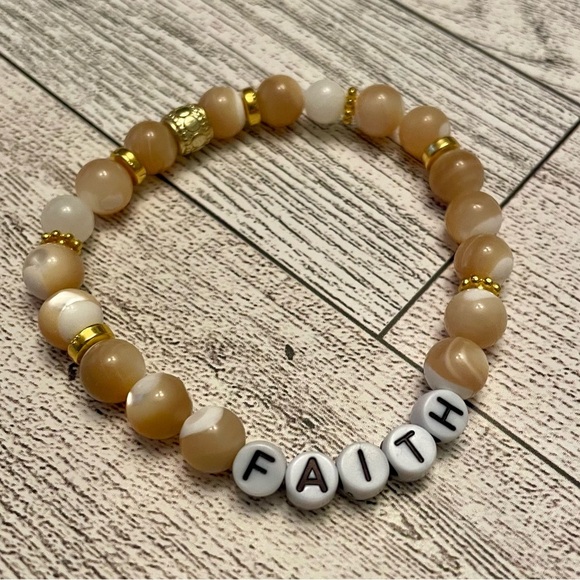 Faith Letter Bracelet Polished Mother of Pearl tan & white, stretch, gold - Picture 2 of 5
